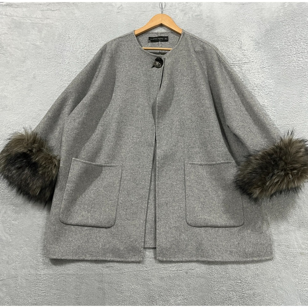 Zara Woman Jacket Womens Small Wool Cape Faux Fur Cuff Old Money Academia